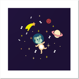 Kawaii astronaut dog in space with planets stars and bones Posters and Art